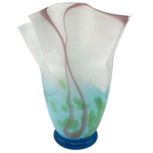 Handkerchief Ruffled Top Vase Hand Blown Art Glass 9" Tall  - MCM Style